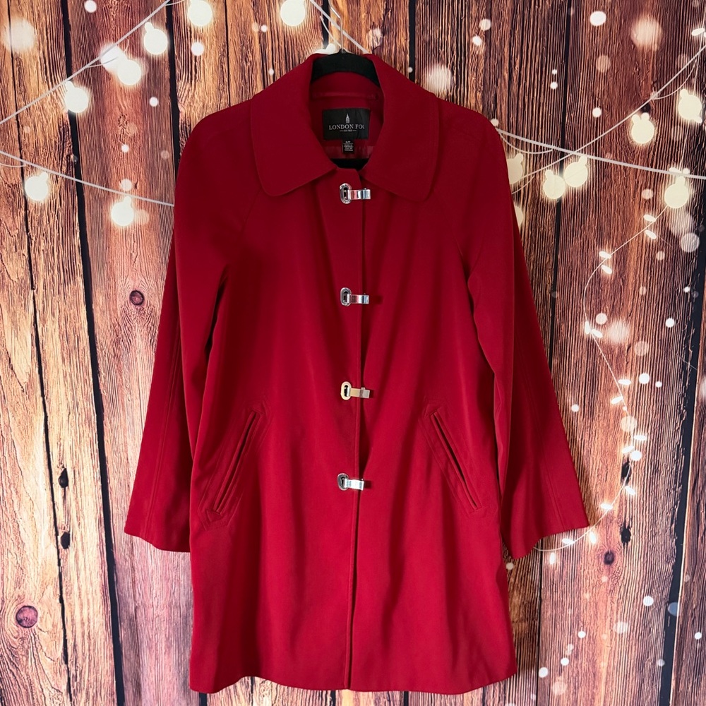 London Fog All Weather Scarlet Red Coat With Silver Latch Clasps